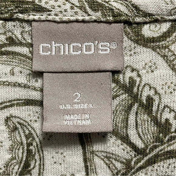 Chico’s Green Paisley Linen Top with Quarter Sleeves LARGE - Picture 7 of 9